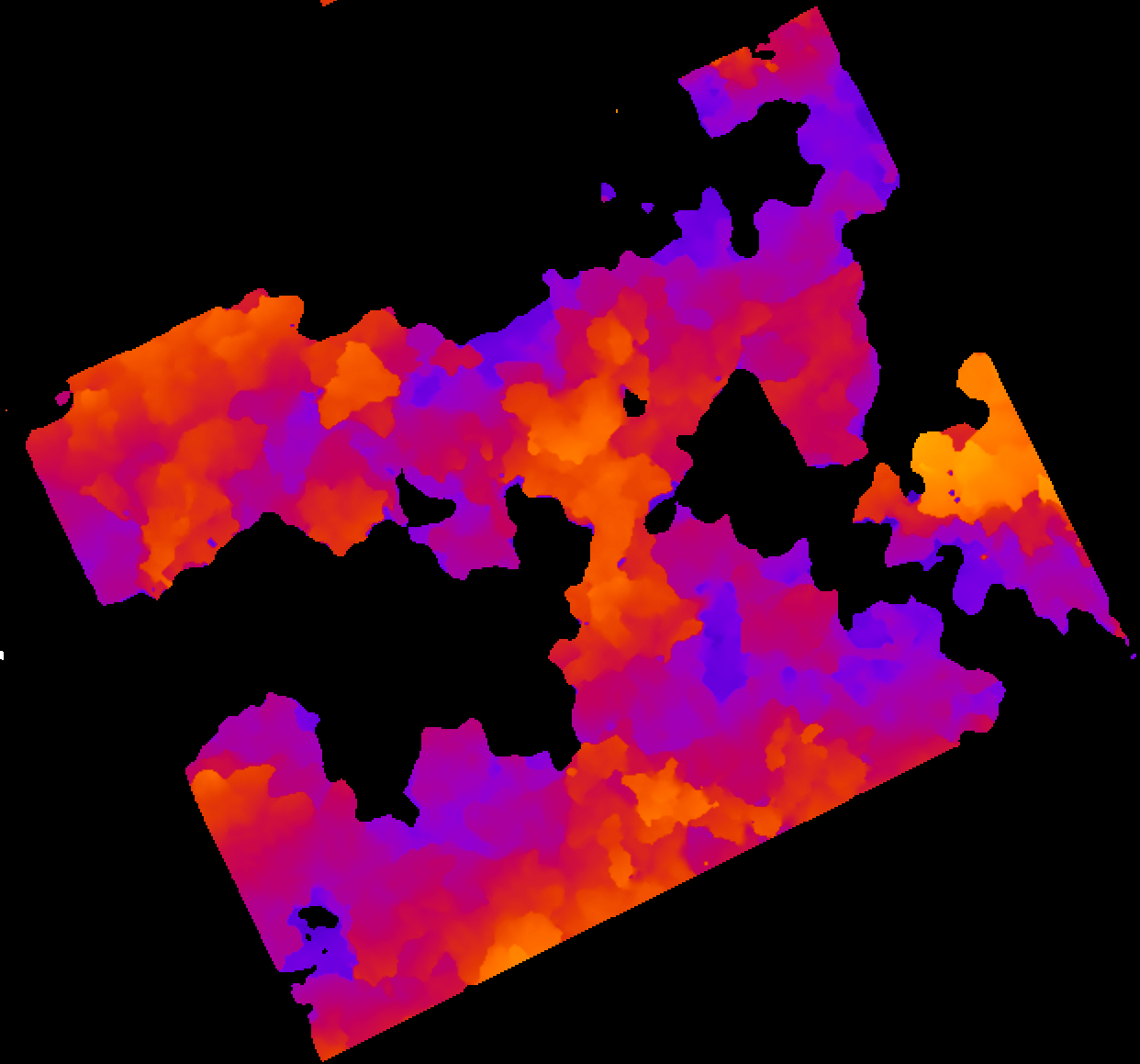 False-colour digital elevation model of the trial, ridges visible as lighter bands between plots