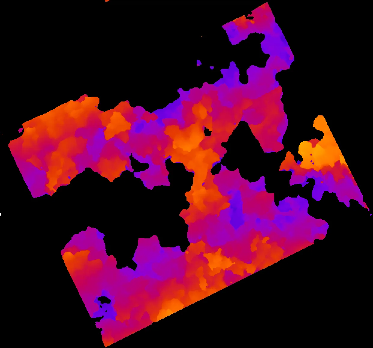 False-colour elevation map of the same plot: soil pixels masked black, the canopy shown in a purple-to-orange colour scale.